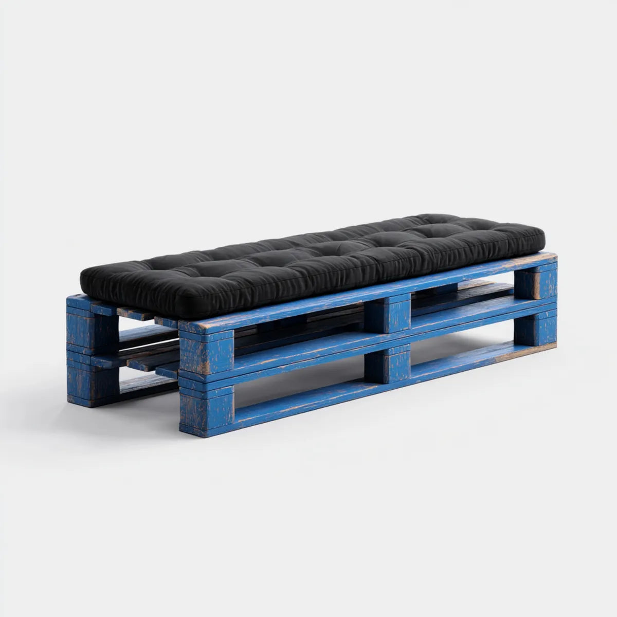 Sofa ogrodowa, Ławka ogrodowa bez oparcia niebieska z czarną poduszką w litej sosnie 120 x 60 x 45 cm