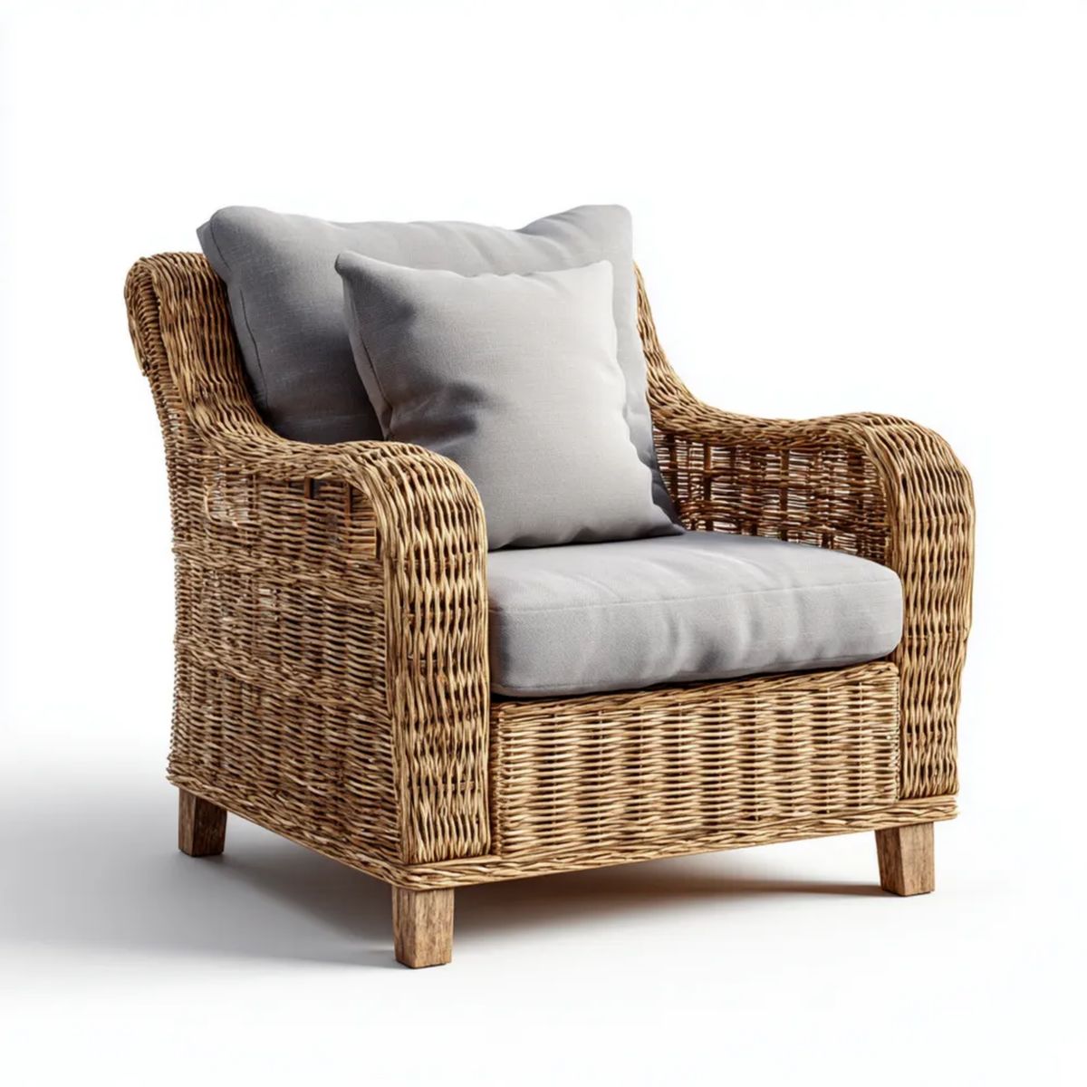 Fotel, Wnętrze krzesła w rattanie beżowym z poduszkami w poliestrze szarym, 85 x 80 x 85 cm