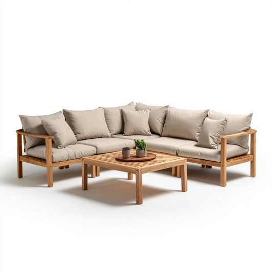 Sofa ogrodowa, Kącik ogrodowy 5 beżowe siedzenia w stałej akacji z prostokątnym stolikiem do kawy 250 x 190 cm