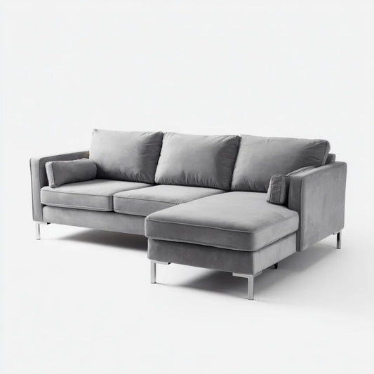 Sofa, 3-osobowa wyprostowany narożnik sofa szara poliester peleryna 250 x 160 x 85 cm z szezlongiem
