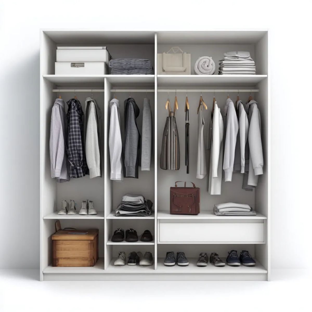 Szafa, Biała szafa z otwartym sufitem w desce 200 x 50 x 200 cm z 2 szafy z półkami i szufladą z półkami