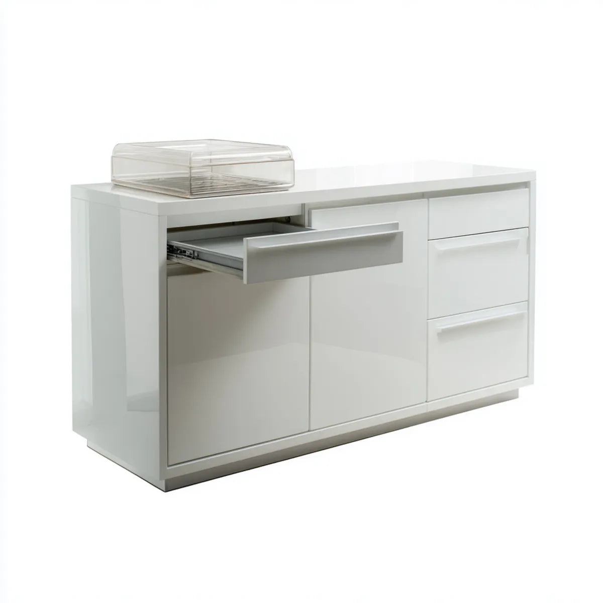 Witryna, Białe, błyszczące pudełko pojemnika 120 x 40 x 75 cm w prostokątnym MDF z 3 szufladami i 2 drzwiami