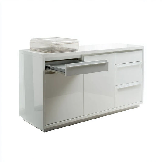 Witryna, Białe, błyszczące pudełko pojemnika 120 x 40 x 75 cm w prostokątnym MDF z 3 szufladami i 2 drzwiami