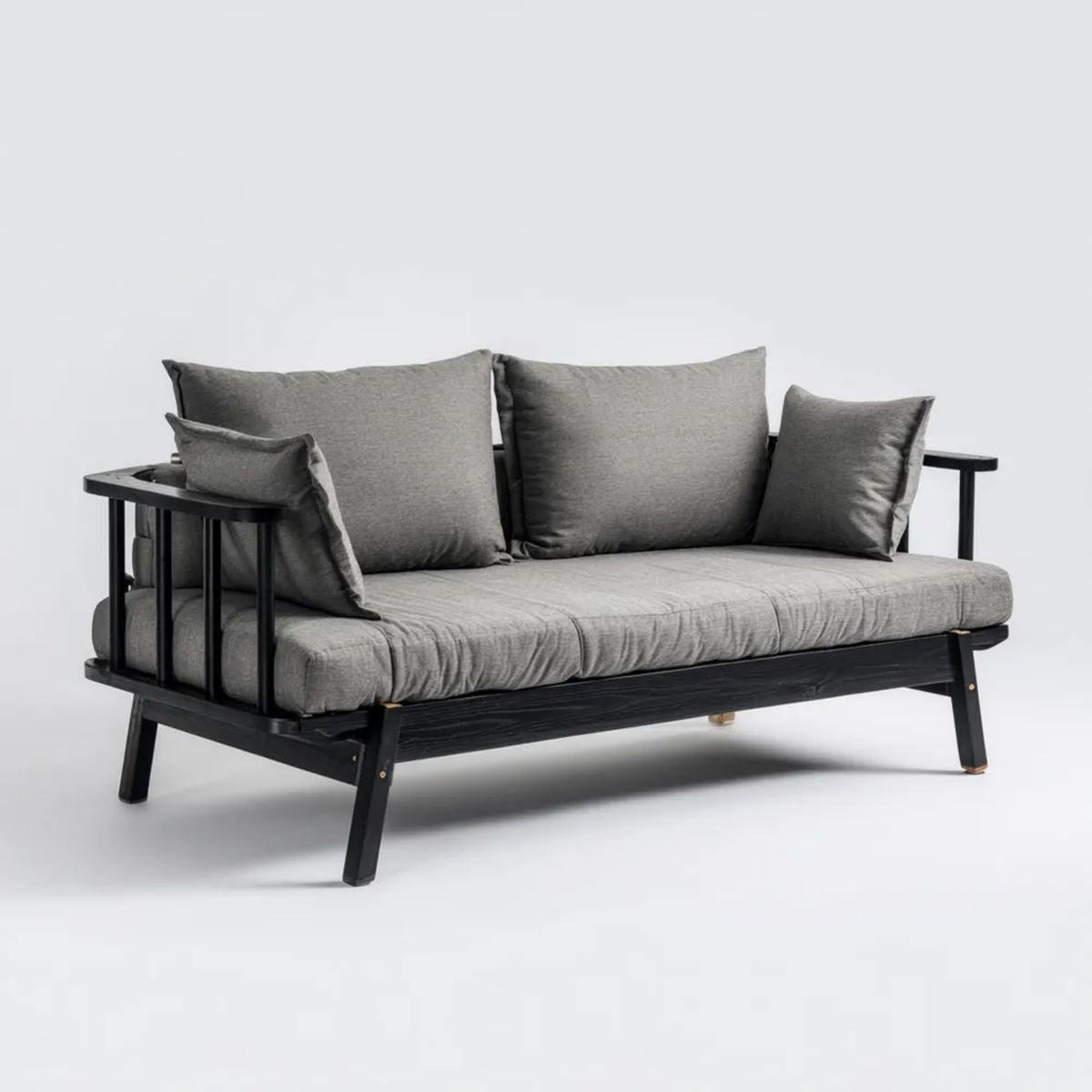 Sofa, 3-osobowa w kolorze czarnym i szarym, z czarnym poliestrowym i litym drewnem, 180 x 80 x 78 cm