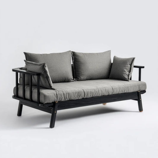 Sofa, 3-osobowa w kolorze czarnym i szarym, z czarnym poliestrowym i litym drewnem, 180 x 80 x 78 cm
